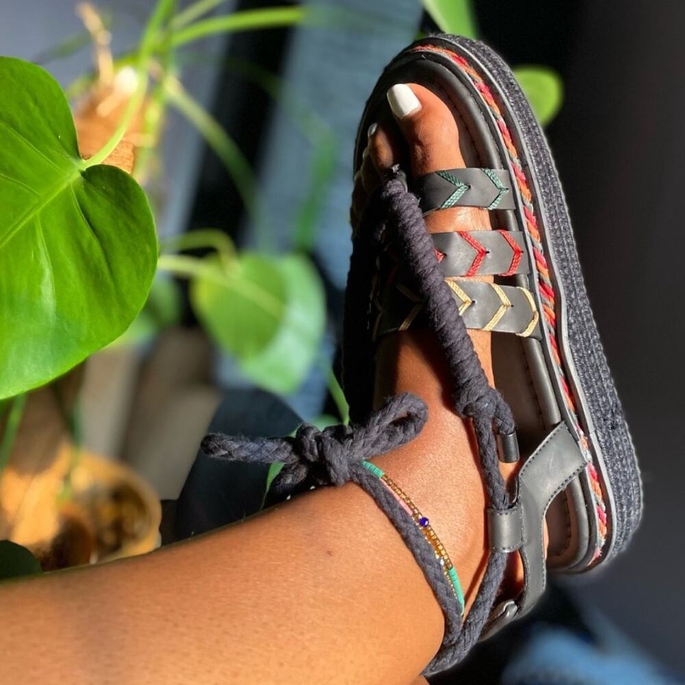 Farm Rio Black Rope Tie Flatform Sandals Women Size 8